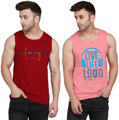 SLOWLORIS Printed Men Scoop Neck Pink, Maroon T-Shirt