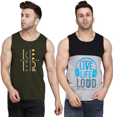 SLOWLORIS Printed, Colorblock Men Round Neck Black, Grey, Dark Green T-Shirt
