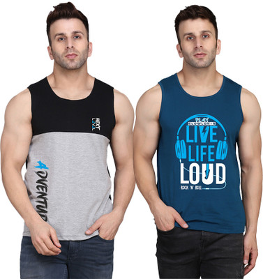 TEEFOX Printed, Colorblock Men Round Neck Dark Blue, Black, Grey T-Shirt