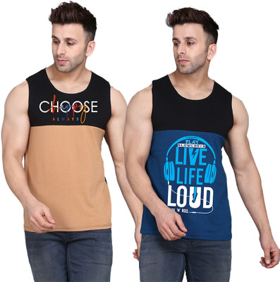 SLOWLORIS Printed, Colorblock Men Round Neck Black, Dark Blue, Beige T-Shirt
