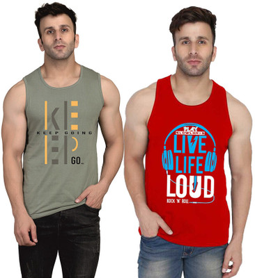SLOWLORIS Printed Men Scoop Neck Red, Light Green T-Shirt