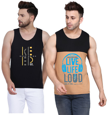 SLOWLORIS Printed, Colorblock Men Scoop Neck Black, Beige T-Shirt