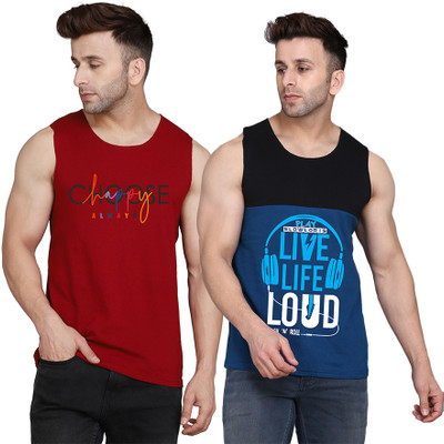 SLOWLORIS Printed, Colorblock Men Round Neck Dark Blue, Maroon T-Shirt