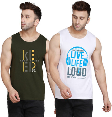 SLOWLORIS Printed Men Scoop Neck White, Dark Green T-Shirt