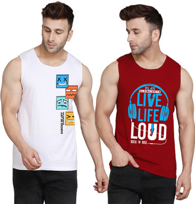 SLOWLORIS Printed Men Round Neck Maroon, White T-Shirt