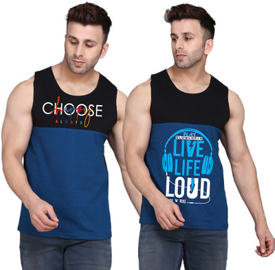 TEEFOX Printed Men Round Neck Black, Dark Blue T-Shirt