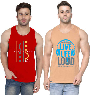SLOWLORIS Printed Men Round Neck Beige, Red T-Shirt
