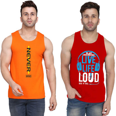 SLOWLORIS Printed Men Scoop Neck Red, Orange T-Shirt