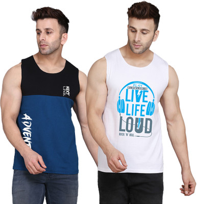 SLOWLORIS Printed Men Scoop Neck White, Black, Dark Blue T-Shirt