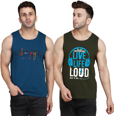 SLOWLORIS Printed Men Round Neck Dark Green, Dark Blue T-Shirt