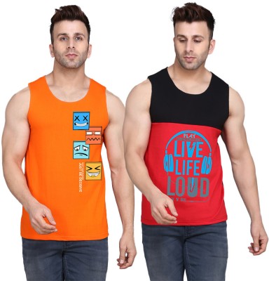 SLOWLORIS Printed Men Scoop Neck Black, Red, Orange T-Shirt