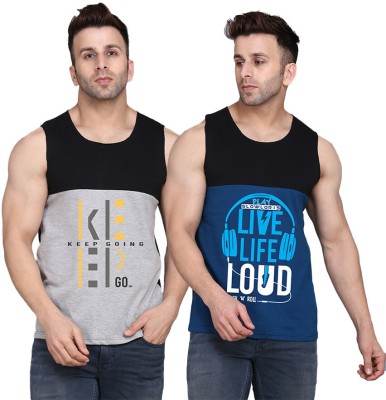 SLOWLORIS Printed Men Scoop Neck Black, Dark Blue, Grey T-Shirt