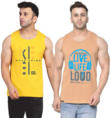 SLOWLORIS Printed Men Round Neck Beige, Yellow T-Shirt