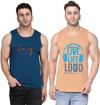 SLOWLORIS Printed Men Scoop Neck Beige, Dark Blue T-Shirt