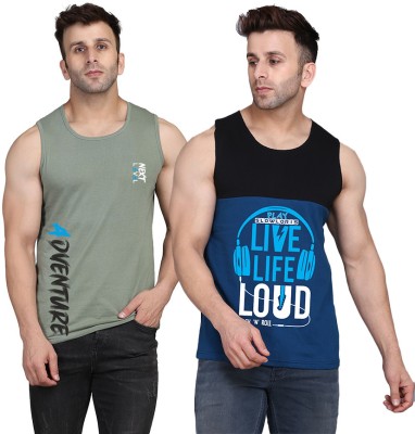 TEEFOX Printed Men Scoop Neck Black, Dark Blue, Light Green T-Shirt