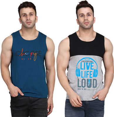 SLOWLORIS Printed, Colorblock Men Round Neck Black, Grey, Dark Blue T-Shirt
