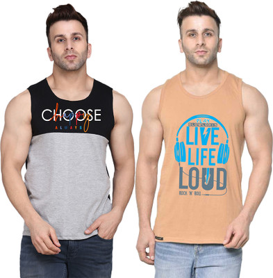 SLOWLORIS Printed, Colorblock Men Scoop Neck Beige, Black, Grey T-Shirt