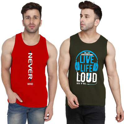 SLOWLORIS Printed Men Scoop Neck Dark Green, Red T-Shirt