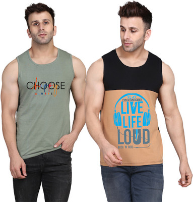 SLOWLORIS Printed Men Round Neck Black, Beige, Light Green T-Shirt