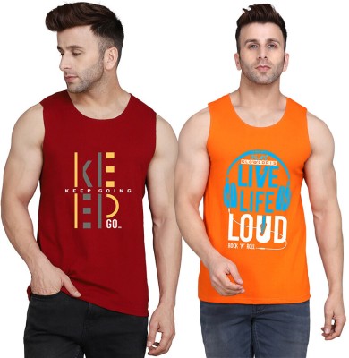 SLOWLORIS Printed Men Scoop Neck Orange, Maroon T-Shirt