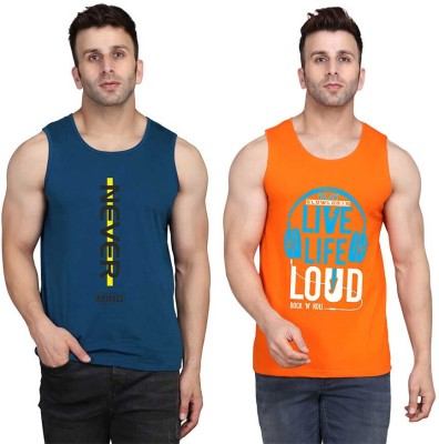 SLOWLORIS Printed Men Scoop Neck Orange, Dark Blue T-Shirt