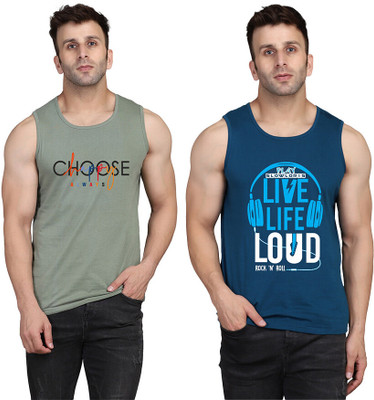 SLOWLORIS Printed Men Round Neck Dark Blue, Light Green T-Shirt