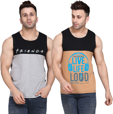 SLOWLORIS Printed Men Scoop Neck Black, Beige, Grey T-Shirt