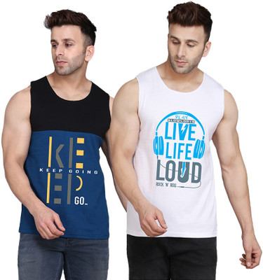 SLOWLORIS Printed Men Scoop Neck White, Black, Dark Blue T-Shirt