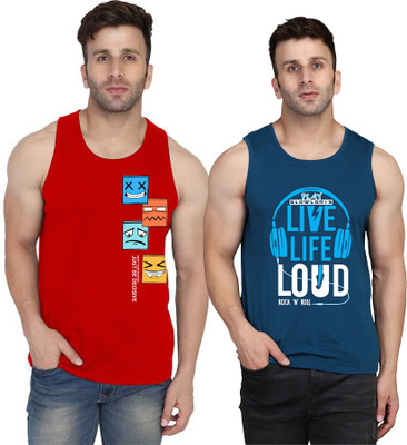 SLOWLORIS Printed Men Scoop Neck Dark Blue, Red T-Shirt