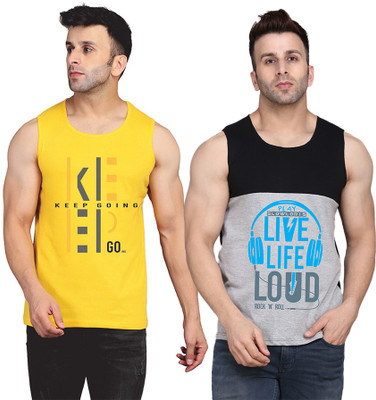 SLOWLORIS Printed, Colorblock Men Round Neck Black, Grey, Yellow T-Shirt