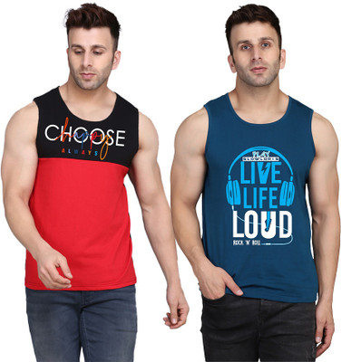 SLOWLORIS Printed Men Round Neck Dark Blue, Black, Red T-Shirt