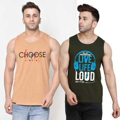 SLOWLORIS Printed Men Round Neck Dark Green, Beige T-Shirt