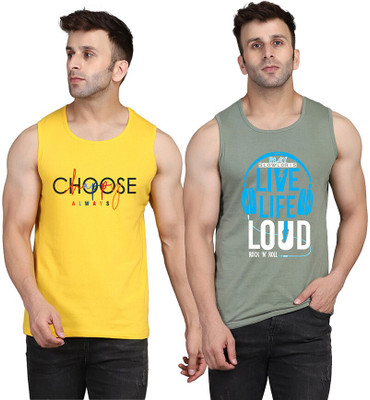 SLOWLORIS Printed Men Scoop Neck Light Green, Yellow T-Shirt