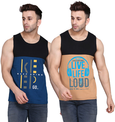 SLOWLORIS Printed Men Scoop Neck Black, Beige, Dark Blue T-Shirt