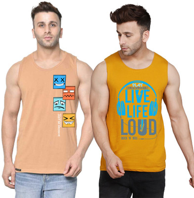 SLOWLORIS Printed Men Scoop Neck Yellow, White, Beige T-Shirt