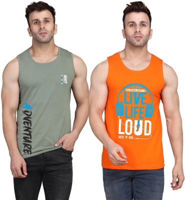 SLOWLORIS Printed Men Scoop Neck Orange, Light Green T-Shirt