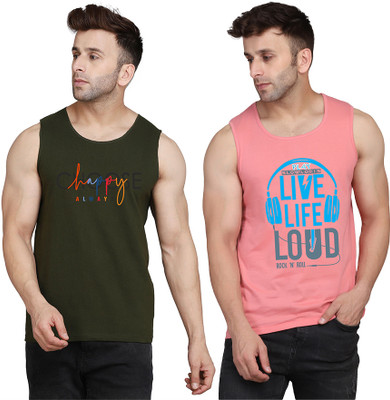 SLOWLORIS Printed Men Scoop Neck Pink, Dark Green T-Shirt
