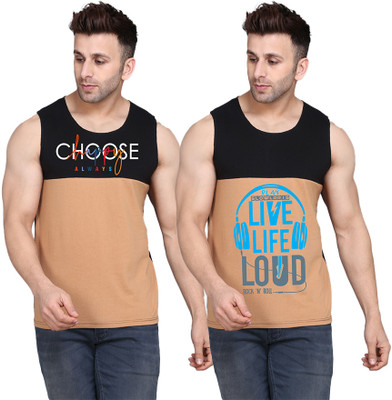 SLOWLORIS Printed Men Round Neck Black, Beige T-Shirt