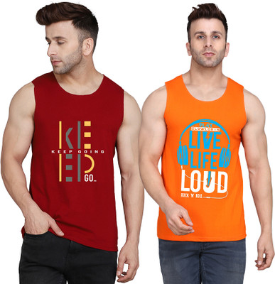 SLOWLORIS Printed Men Round Neck Orange, Maroon T-Shirt
