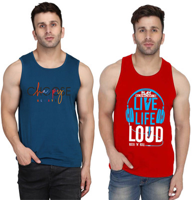 SLOWLORIS Printed Men Scoop Neck Red, Dark Blue T-Shirt