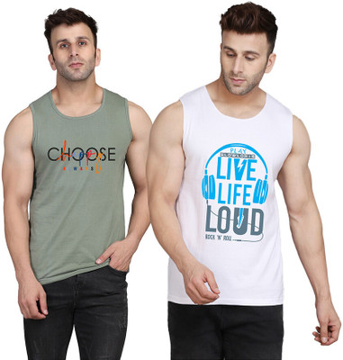 SLOWLORIS Printed Men Round Neck White, Light Green T-Shirt