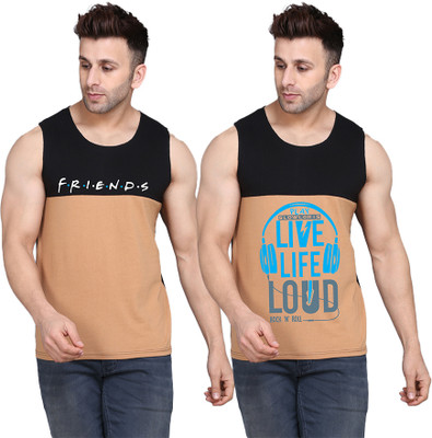 SLOWLORIS Printed Men Scoop Neck Black, Beige T-Shirt