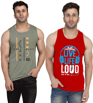 SLOWLORIS Typography Men Round Neck Red, Light Green T-Shirt