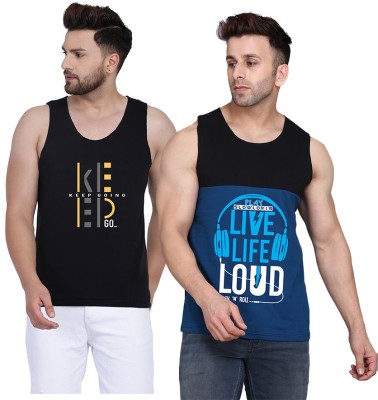 TEEFOX Printed Men Scoop Neck Black, Dark Blue T-Shirt