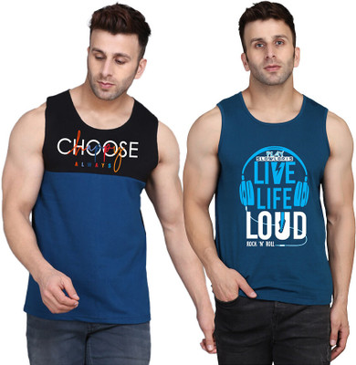 SLOWLORIS Printed Men Round Neck Dark Blue, Black T-Shirt