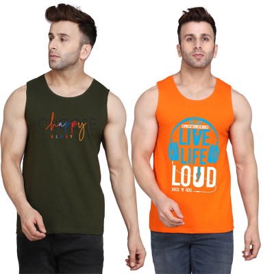 MINISTRY OF FRIENDS Printed Men Scoop Neck Orange, Dark Green T-Shirt