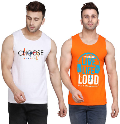 SLOWLORIS Printed Men Scoop Neck Orange, White T-Shirt