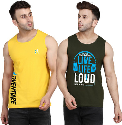 SLOWLORIS Printed Men Scoop Neck Dark Green, Yellow T-Shirt