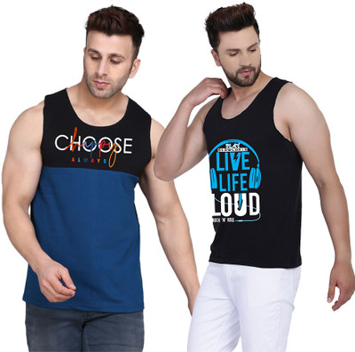 SLOWLORIS Printed Men Scoop Neck Black, Dark Blue T-Shirt