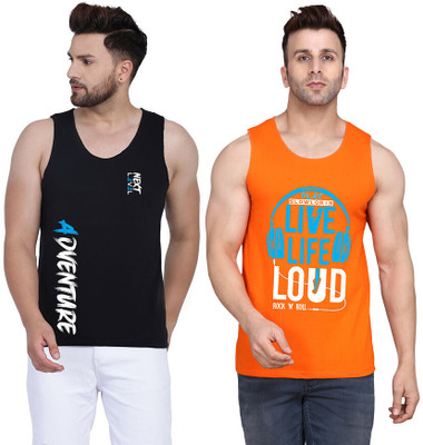 SLOWLORIS Printed Men Round Neck Orange, Black T-Shirt